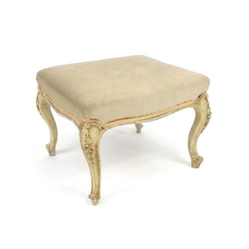 23 - Beige upholstered cream painted wooden stool, the top 56cm x 47cm