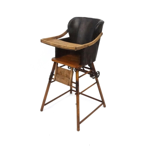 115 - Vintage childs metamorphic wooden high chair with leatherette upholstered seat, 100cm high