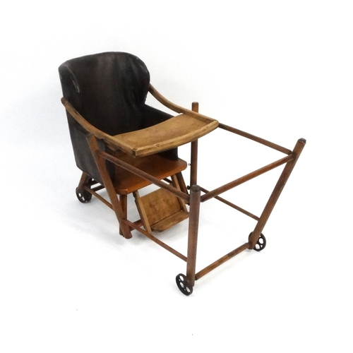 115 - Vintage childs metamorphic wooden high chair with leatherette upholstered seat, 100cm high