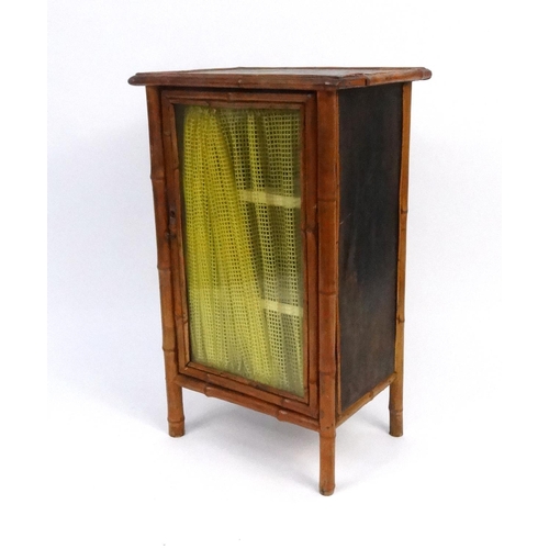 81 - Vintage bamboo cabinet with three shelved interior and glass door, 93cm high x 56cm wide x 42cm deep