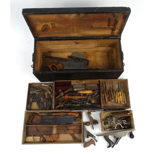 90 - Pine chest of antique and later tools including planes, chisels, pliers etc