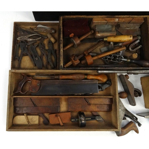 90 - Pine chest of antique and later tools including planes, chisels, pliers etc