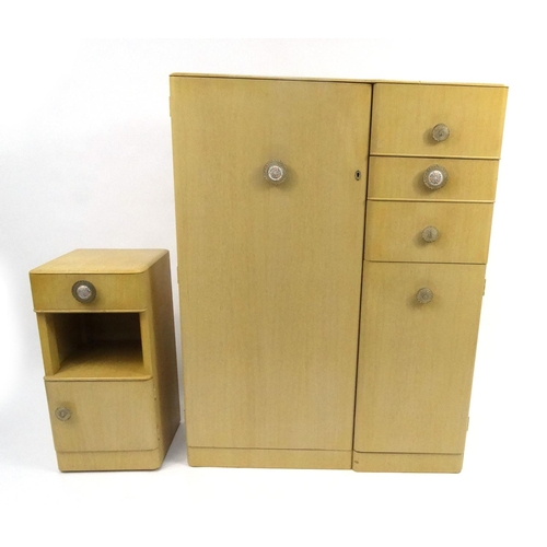 64 - 1950's limed oak bedroom suite comprising two door wardrobe, tallboy, dressing table and stool and b... 