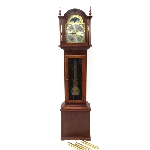 62 - Fen clocks mahogany long case clock with moon phase dial, 195cm high