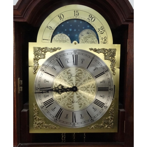 62 - Fen clocks mahogany long case clock with moon phase dial, 195cm high