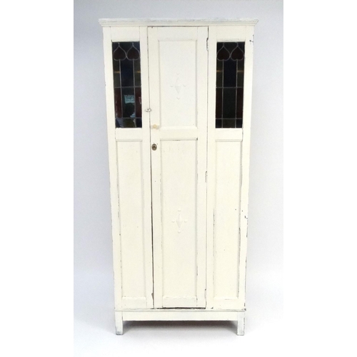 107 - Painted pine hall robe with leaded glass panels, 190cm high x 83cm wide x 35cm deep