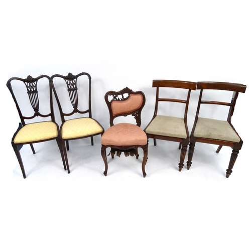 114 - Two pairs of 19th century mahogany dining chairs and a French carved walnut occasional chair