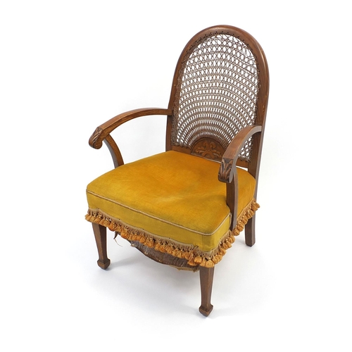 146 - Carved walnut bedroom chair with bergere back and gold upholstered seat