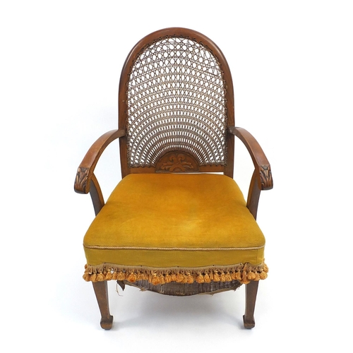 146 - Carved walnut bedroom chair with bergere back and gold upholstered seat