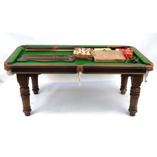 72 - Riley snooker table, a Riley scoreboard, with a selection of cues and balls, the table 74cm high x 1... 