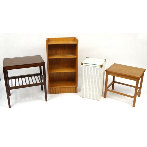 92 - Occasional furniture comprising light wood bookcase, two occasional tables and a Lusty Lloyd Loom la... 