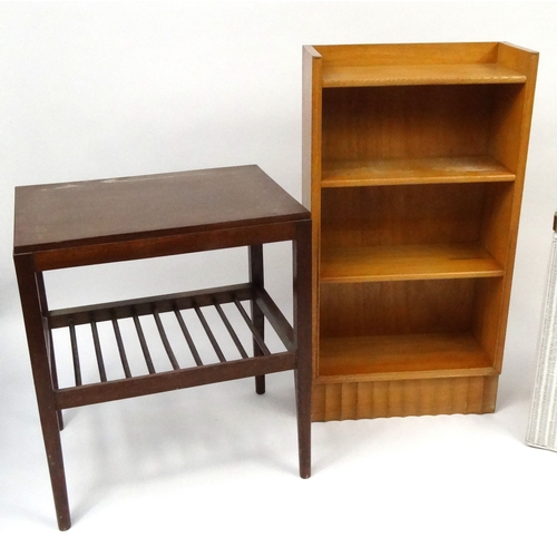 92 - Occasional furniture comprising light wood bookcase, two occasional tables and a Lusty Lloyd Loom la... 