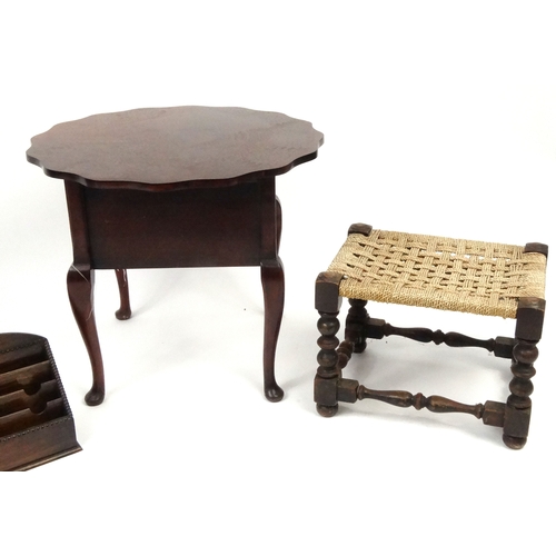 51 - Occasional furniture comprising sewing table, tripod occasional table, oak stool and an oak letterac... 
