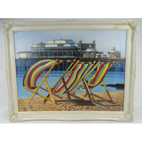 41 - Large oil on board view of Brighton West pier with deckchairs in the foreground, 100cm x 75cm exclud... 