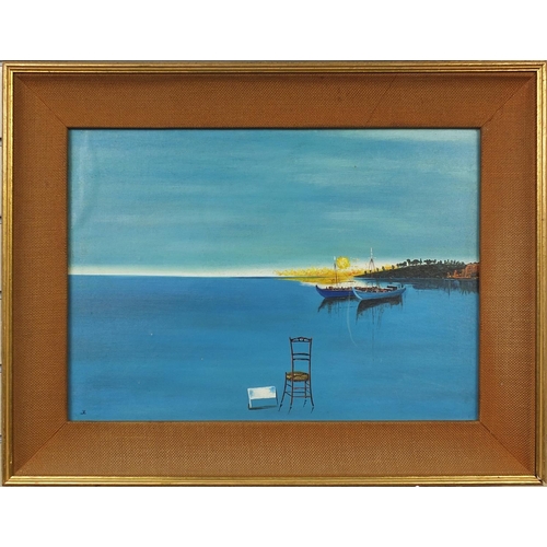42 - Oil onto board surrealist study of fishing boats with a chair, bearing a monogram, framed, 54cm x 37... 