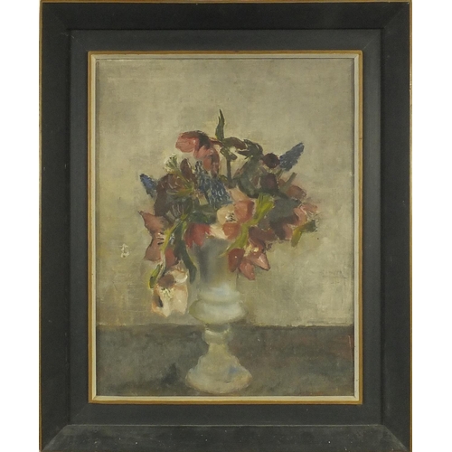 45 - Eleanor Best - Oil onto canvas study of still life, flowers in a vase, framed, label to the reverse,... 