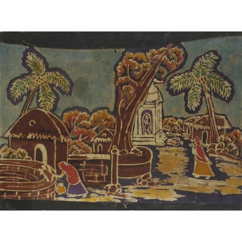 46 - Batik painting onto silk study of figures in a village scene, framed, 80cm x 53cm excluding the fram... 