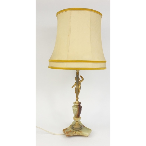 58 - Onyx and gilt metal table lamp with cherub support and silk lined shade, 76cm high