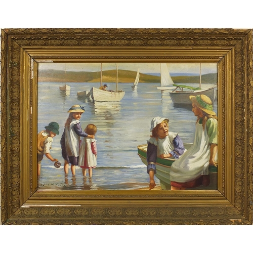 101 - St Ives school oil onto board study of children before the sea, gilt framed, 73cm x 48cm excluding t... 