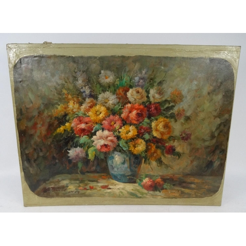 104 - French oil on canvas view of still flowers in a vase, bearing an indistinct signature, 92cm x 70cm