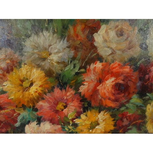 104 - French oil on canvas view of still flowers in a vase, bearing an indistinct signature, 92cm x 70cm