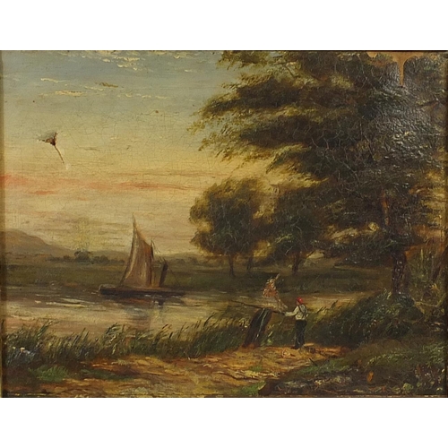 105 - 19th century oil onto canvas study of fisherman in a rural landscape, gilt framed, 28cm x 36cm exclu... 