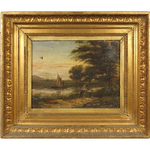 105 - 19th century oil onto canvas study of fisherman in a rural landscape, gilt framed, 28cm x 36cm exclu... 