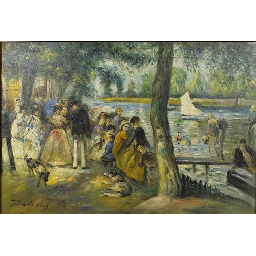 134 - French impressionist oil onto board study of figures beside a lake, bearing a indistinct signature, ... 