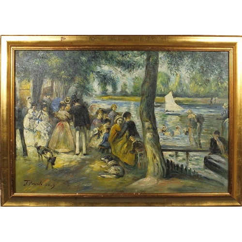 134 - French impressionist oil onto board study of figures beside a lake, bearing a indistinct signature, ... 