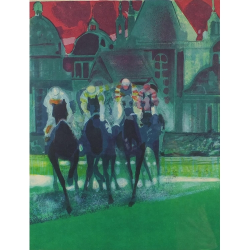 135 - Pencil signed limited edition horse racing print, mounted and contemporary framed, 60cm x 48cm exclu... 