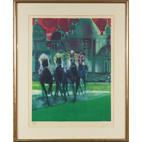 135 - Pencil signed limited edition horse racing print, mounted and contemporary framed, 60cm x 48cm exclu... 