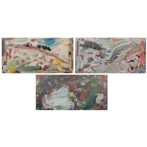 136 - Three unframed oil onto canvas abstract compositions, one bearing a signature, each 72cm x 36cm