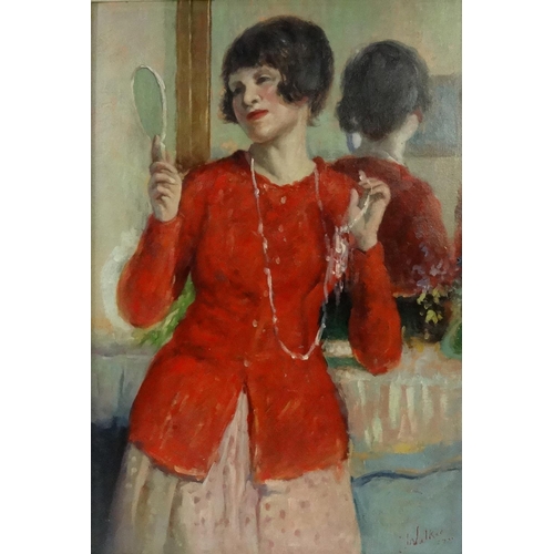 137 - Modern British impressionist oil onto board study of a female looking in the mirror, bearing a signa... 