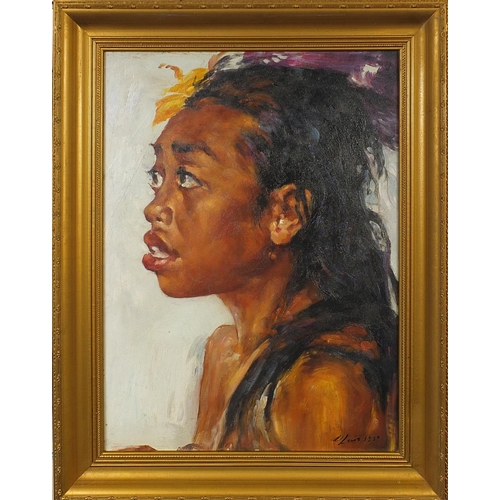 138 - South African school oil onto board portrait of a girl, bearing an indistinct signature, gilt framed... 