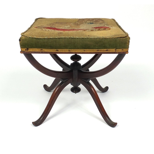 27 - Victorian mahogany X frame stool with needlepoint seat, 43cm high