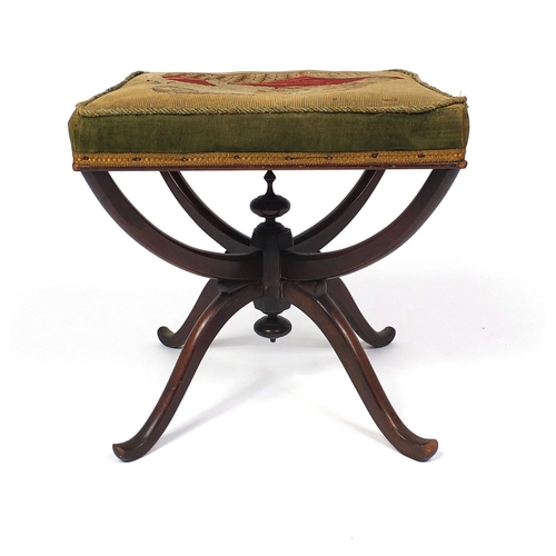 27 - Victorian mahogany X frame stool with needlepoint seat, 43cm high