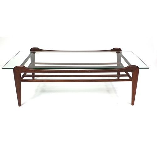 28 - Retro teak coffee table with glass top, 40cm high x 120cm wide x 50cm deep