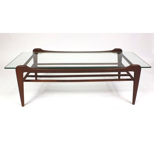 28 - Retro teak coffee table with glass top, 40cm high x 120cm wide x 50cm deep
