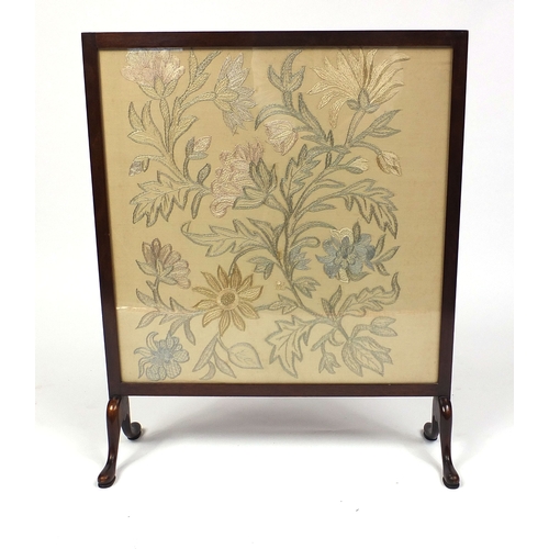 35 - Mahogany framed fire screen with floral needlepoint panel, 79cm high x 66cm wide