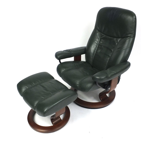 1 - Stressless Ekornes green leather easy chair and foot stool