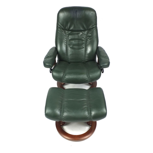 1 - Stressless Ekornes green leather easy chair and foot stool