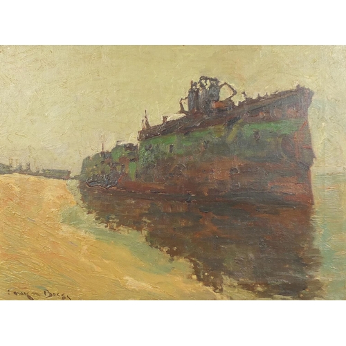 1023 - Oil onto canvas, moored ship, bearing a signature Boggs, gilt framed, inscription to the reverse,  5... 