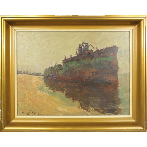 1023 - Oil onto canvas, moored ship, bearing a signature Boggs, gilt framed, inscription to the reverse,  5... 