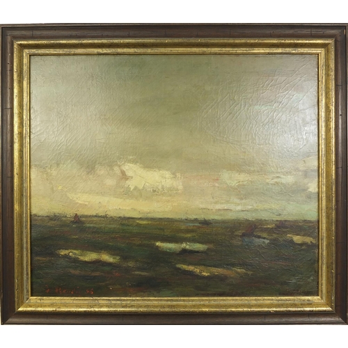 1025 - Continental school oil onto canvas, seascape, bearing a signature Boudig?, framed, 60cm x 50cm exclu... 