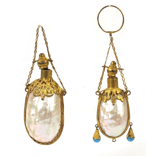 75 - Two Mother of Pearl brass mounted scent bottles, one with turquoise glass drops, the largest 6.5cm h... 