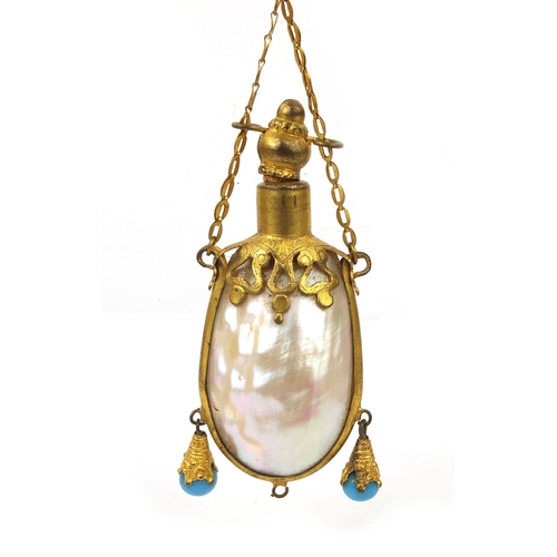 75 - Two Mother of Pearl brass mounted scent bottles, one with turquoise glass drops, the largest 6.5cm h... 