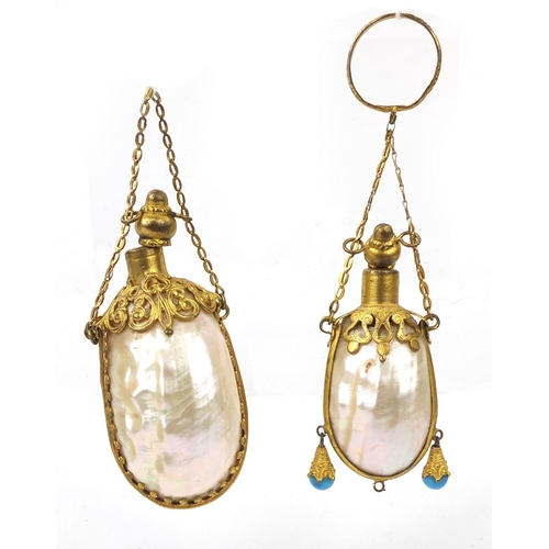 75 - Two Mother of Pearl brass mounted scent bottles, one with turquoise glass drops, the largest 6.5cm h... 