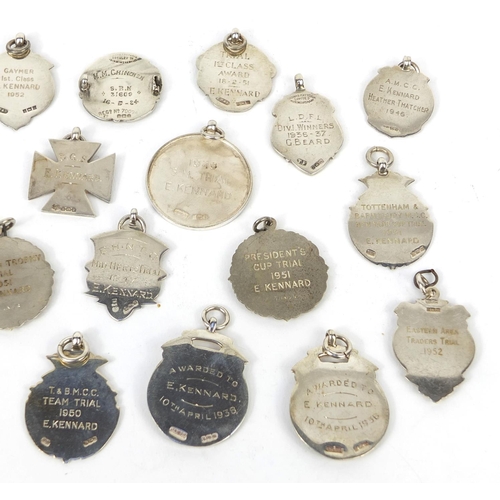 166 - Collection of twenty seven silver motorcycling jewels, some 1930's examples, mostly awarded to E Ken... 