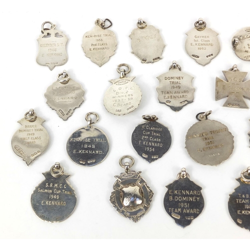 166 - Collection of twenty seven silver motorcycling jewels, some 1930's examples, mostly awarded to E Ken... 