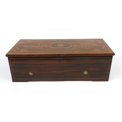 158 - Nicole Freres inlaid rosewood Swiss music box, the hinged lid opening to reveal a 13inch brass cylin... 
